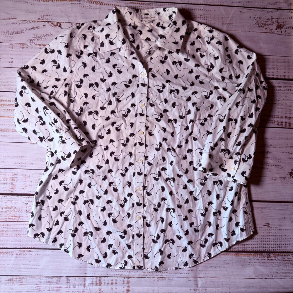 Coldwater Creek Women 20W White Floral Button Down 100% Cotton 3/4 Sleeve Shirt